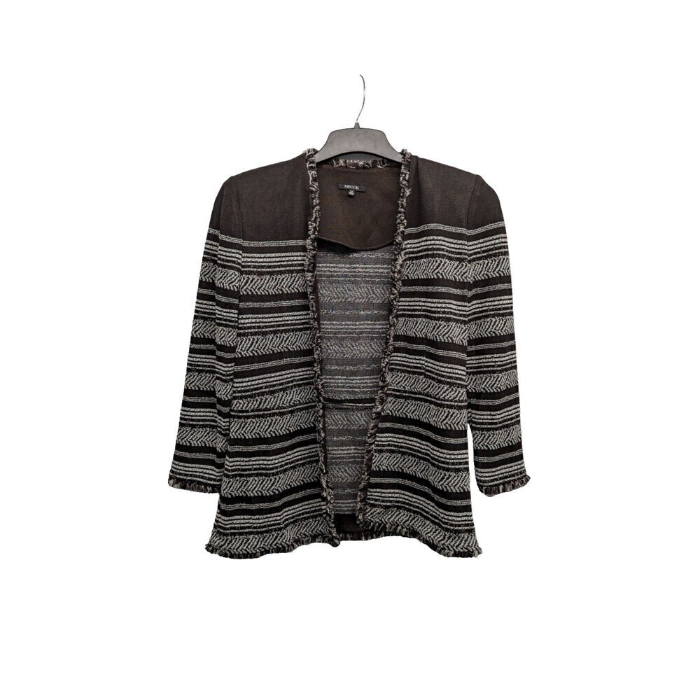 NEW $468 MISOOK Coffee Frayed Edge Striped 3/4 Sleeve Open Front Jacket Size‎ XS